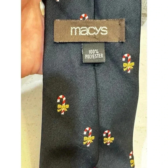 Men's Necktie Navy Blue Holiday Classic Christmas Neck Tie Candy Canes Bows - Picture 3 of 3